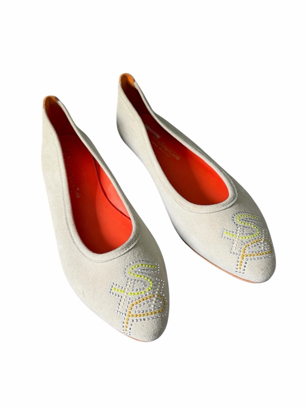 Saint Honore Paris Neutral Suede Embellished Rhinestone Logo Ballet Flats 38